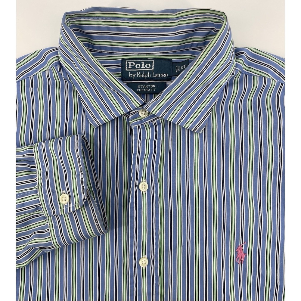 Polo Ralph Lauren Stanton Custom Fit Button Down Shirt Men XL Blue Green Stripe